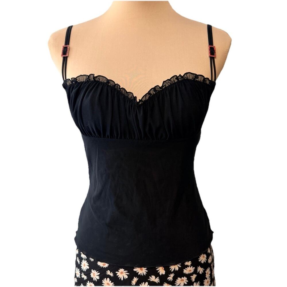 Y2K Sheer Mesh Cami Tank Medium Edgy Goth Red Rhinestones Gothic Dark Romantic